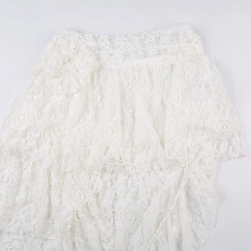 Zoki Sexy Bohemian Sweet Lace Skirt Women Elegant Irregular High Waist Skirt Vintage Korean Lady Casual Cute White A Line Skirts