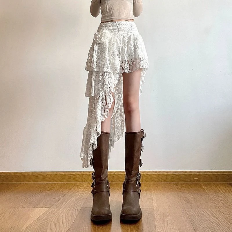 Zoki Sexy Bohemian Sweet Lace Skirt Women Elegant Irregular High Waist Skirt Vintage Korean Lady Casual Cute White A Line Skirts