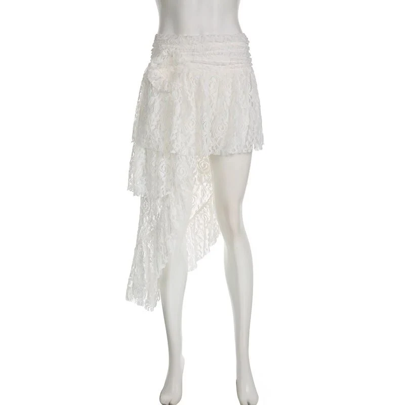 Zoki Sexy Bohemian Sweet Lace Skirt Women Elegant Irregular High Waist Skirt Vintage Korean Lady Casual Cute White A Line Skirts