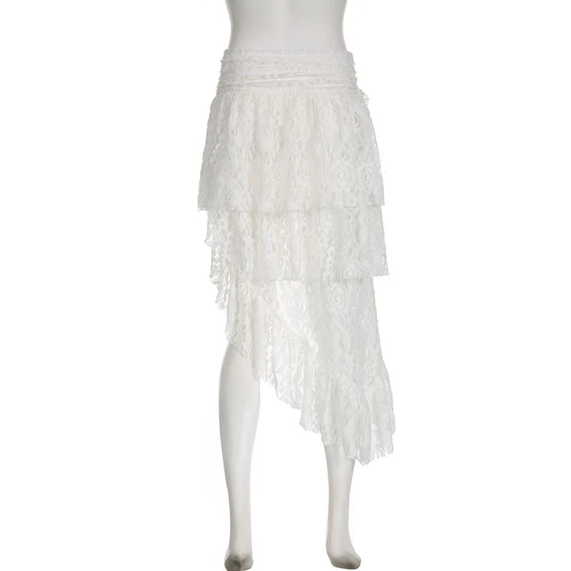 Zoki Sexy Bohemian Sweet Lace Skirt Women Elegant Irregular High Waist Skirt Vintage Korean Lady Casual Cute White A Line Skirts