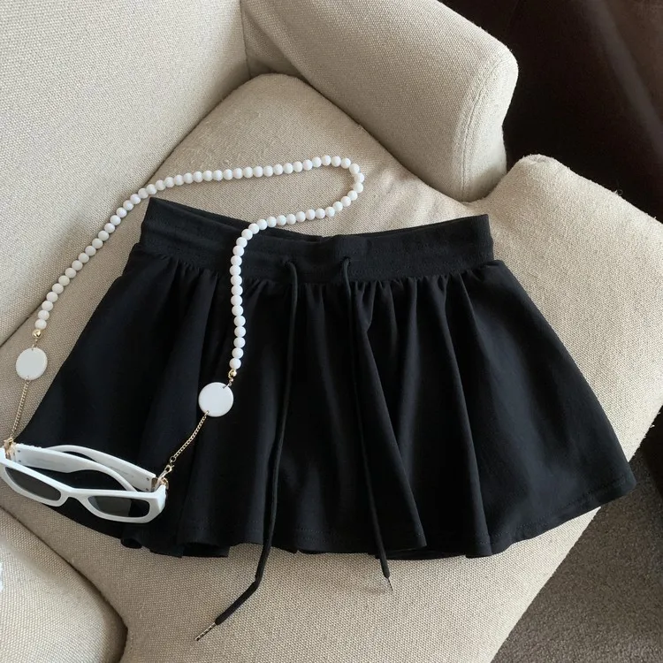 Summer Women Sports A Line Skirts for Women Summer High Waist Drawstring Solid Mini Skirts Female Sweet All Match Ballet Skirts