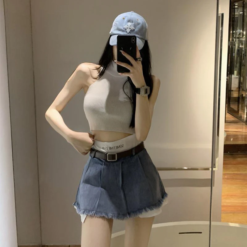Gidyq High Waist Women Denim Skirts Summer Korean Patchwork Casual Mini Skirts Streetwear Female Tassels A Line Jeans Skirts