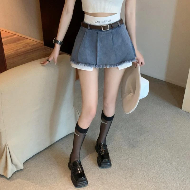 Gidyq High Waist Women Denim Skirts Summer Korean Patchwork Casual Mini Skirts Streetwear Female Tassels A Line Jeans Skirts