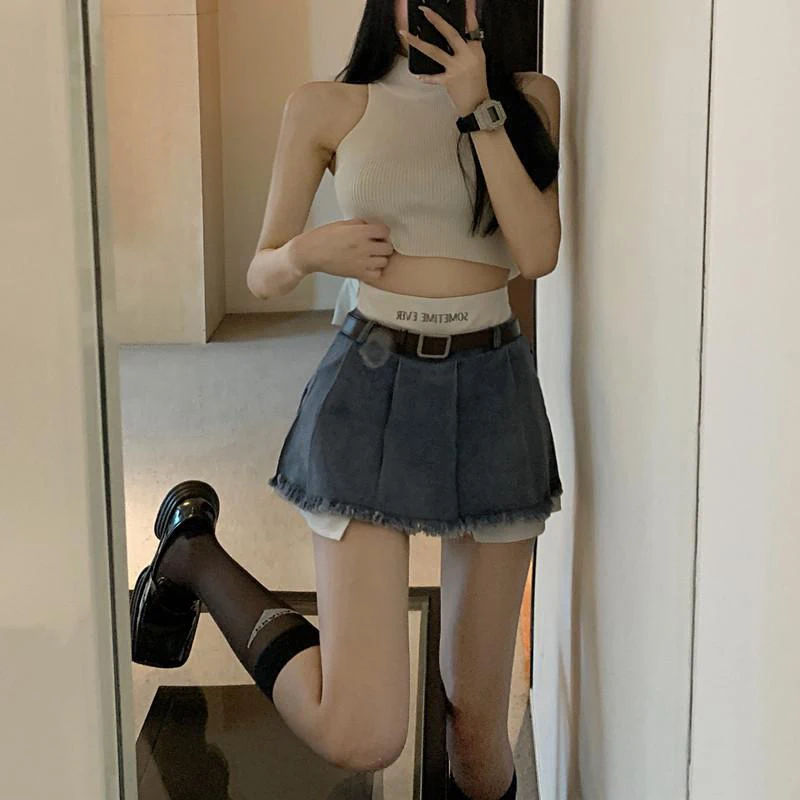 Gidyq High Waist Women Denim Skirts Summer Korean Patchwork Casual Mini Skirts Streetwear Female Tassels A Line Jeans Skirts