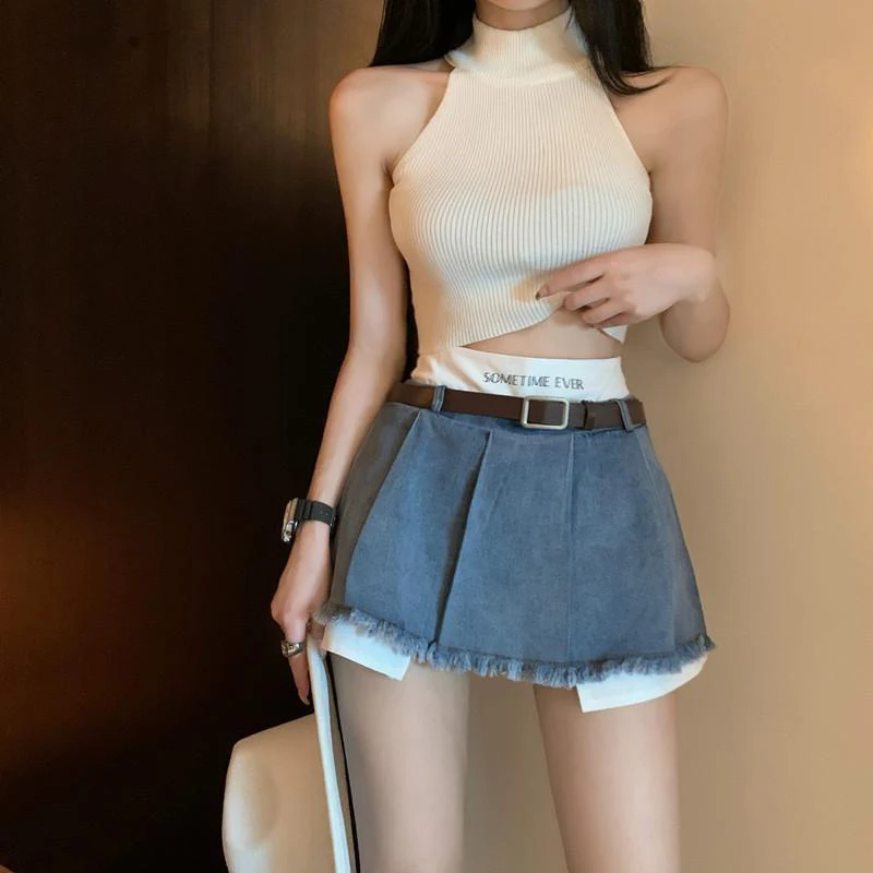 Gidyq High Waist Women Denim Skirts Summer Korean Patchwork Casual Mini Skirts Streetwear Female Tassels A Line Jeans Skirts
