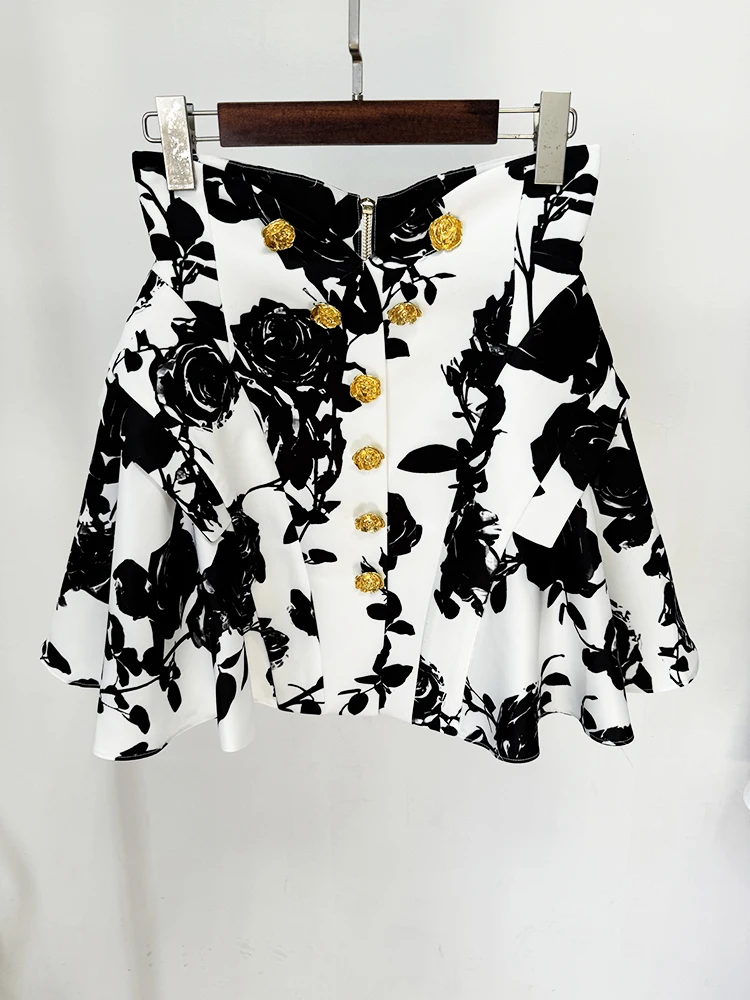 HIGH STREET Newest 2026 Runway Designer Fashion Women's Metal Rose Buttons Printed Floral Mini Skirt