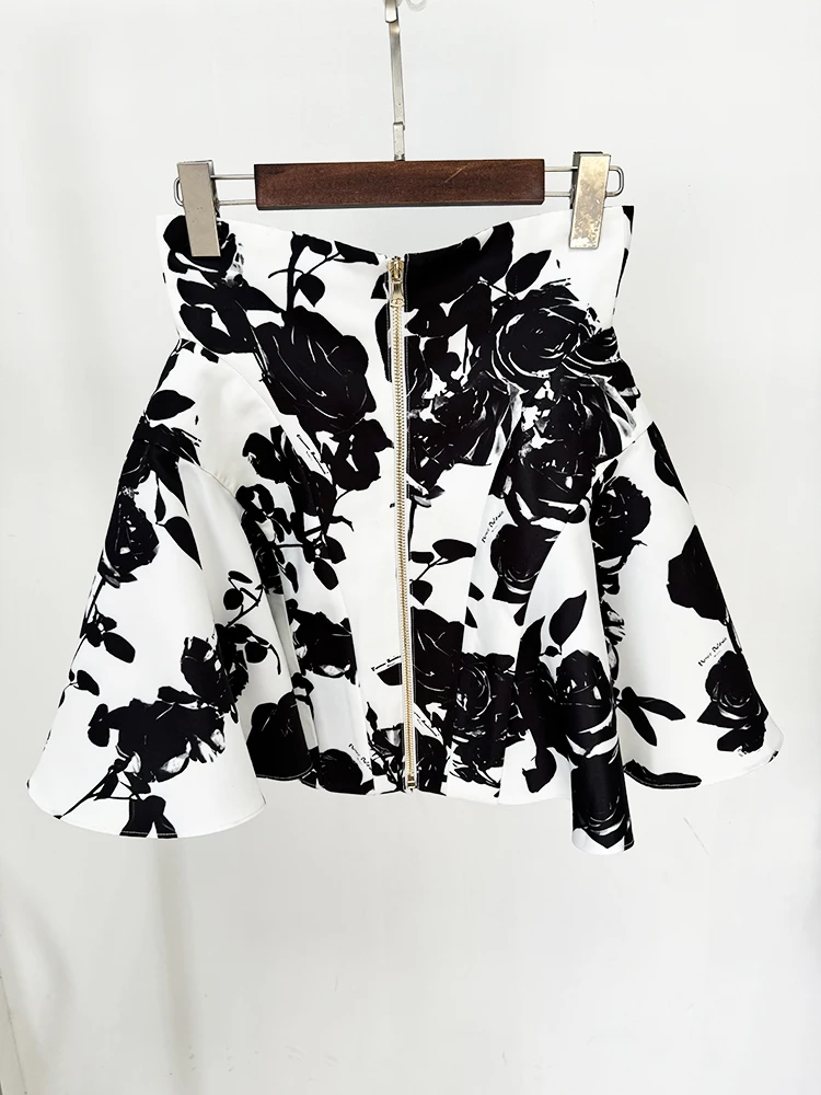 HIGH STREET Newest 2026 Runway Designer Fashion Women's Metal Rose Buttons Printed Floral Mini Skirt
