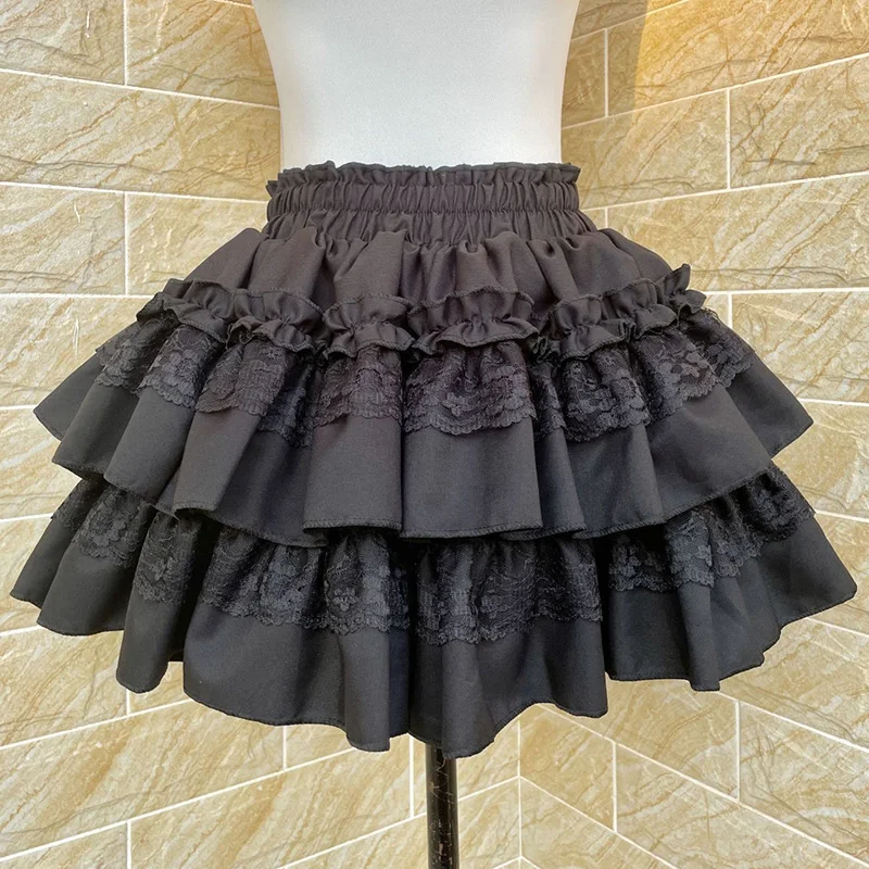 Sweet Black Cake Skirt Women High Waist Preppy Style Sexy Mini Skirts Summer Slim Lace Patchwork Female Vintage Ball Gown Skirt