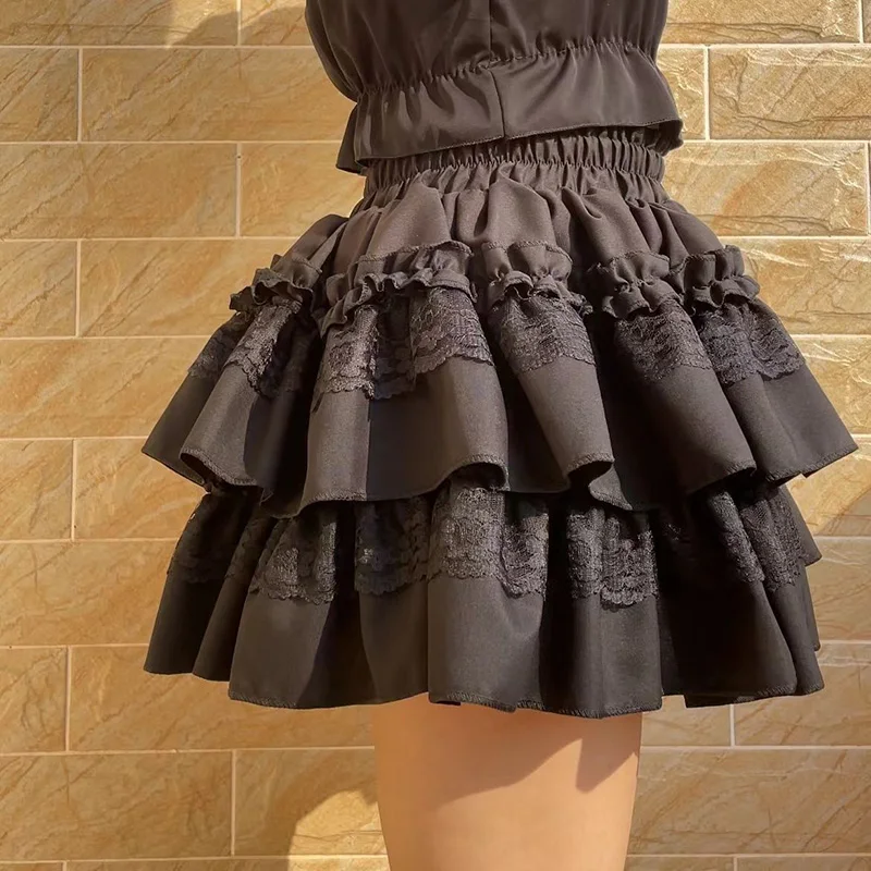 Sweet Black Cake Skirt Women High Waist Preppy Style Sexy Mini Skirts Summer Slim Lace Patchwork Female Vintage Ball Gown Skirt