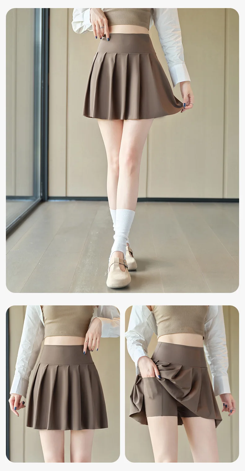BIVIGAOS Summer Fashion Fake Two Pieces Pleated Skirts Shorts With Pocket Women Sharkskin Sport Fitness Tennis Mini Short Skirt
