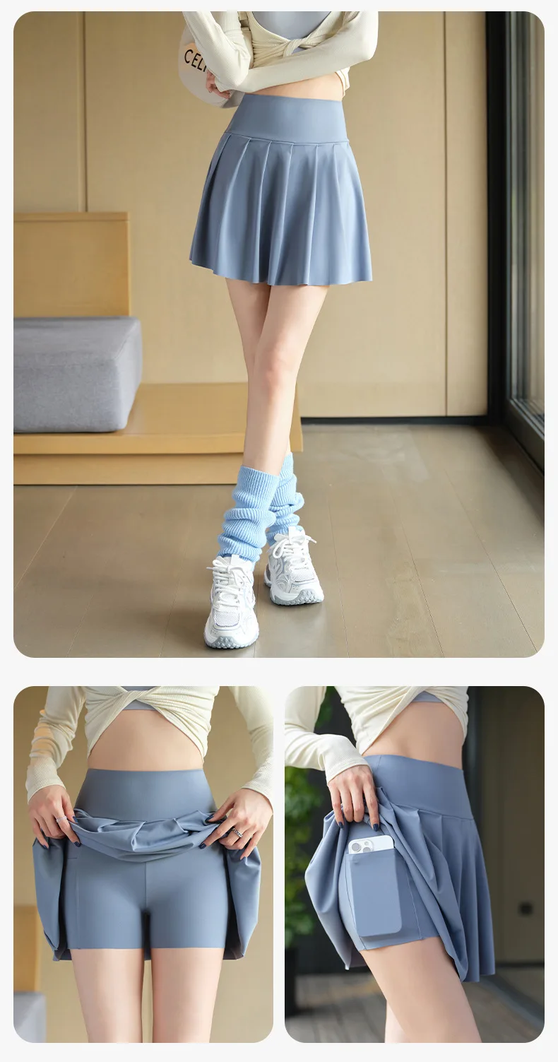 BIVIGAOS Summer Fashion Fake Two Pieces Pleated Skirts Shorts With Pocket Women Sharkskin Sport Fitness Tennis Mini Short Skirt