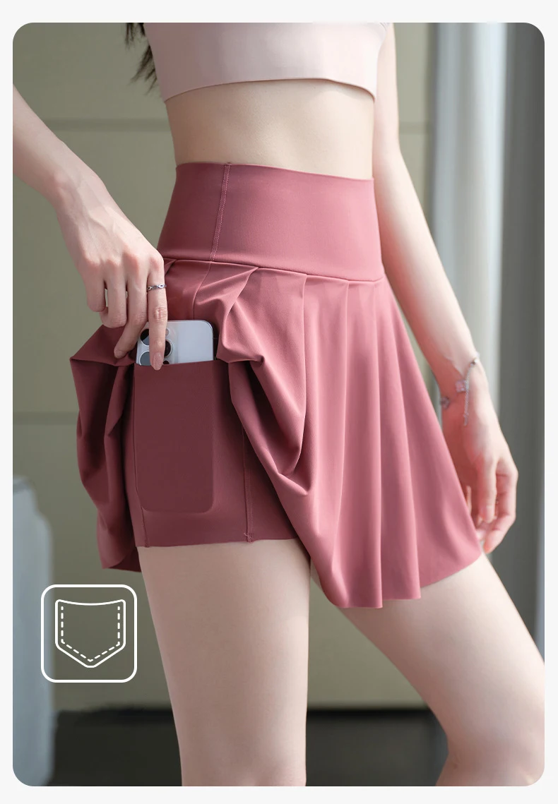 BIVIGAOS Summer Fashion Fake Two Pieces Pleated Skirts Shorts With Pocket Women Sharkskin Sport Fitness Tennis Mini Short Skirt