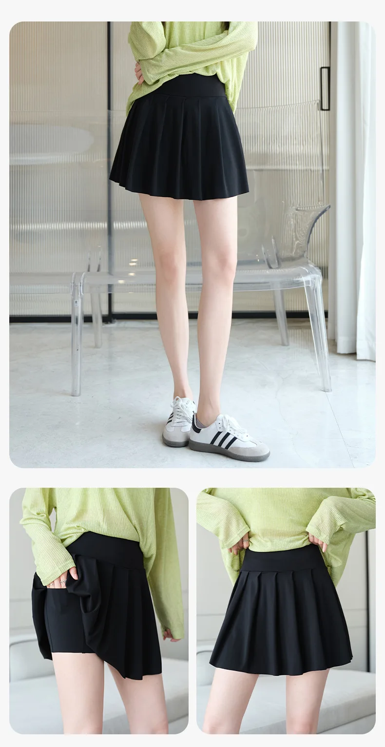 BIVIGAOS Summer Fashion Fake Two Pieces Pleated Skirts Shorts With Pocket Women Sharkskin Sport Fitness Tennis Mini Short Skirt