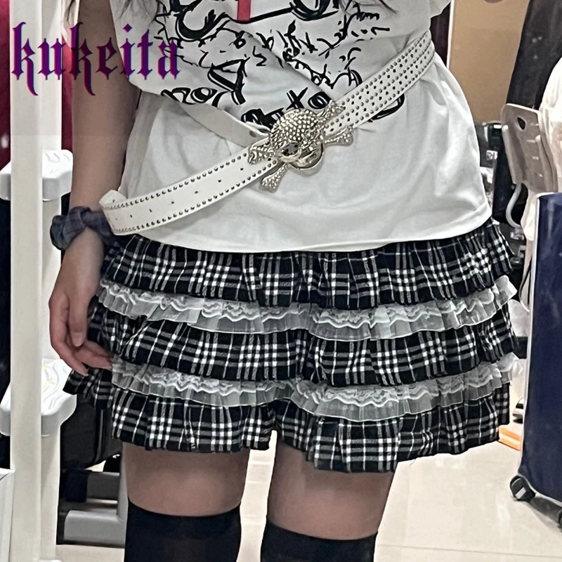 24 Color Harajuku Lovely Lace Plaid Skirts Japanese Girl Y2k Punk High Waist Pleated Cake Skirt Gothic Lolita Kawaii Women Skirt