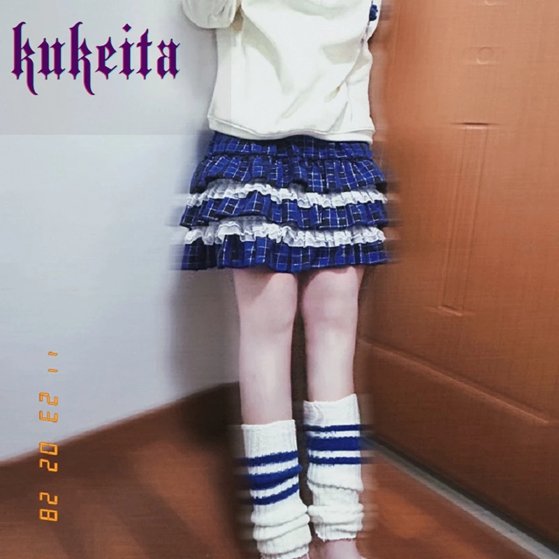24 Color Harajuku Lovely Lace Plaid Skirts Japanese Girl Y2k Punk High Waist Pleated Cake Skirt Gothic Lolita Kawaii Women Skirt