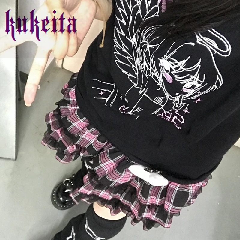 24 Color Harajuku Lovely Lace Plaid Skirts Japanese Girl Y2k Punk High Waist Pleated Cake Skirt Gothic Lolita Kawaii Women Skirt
