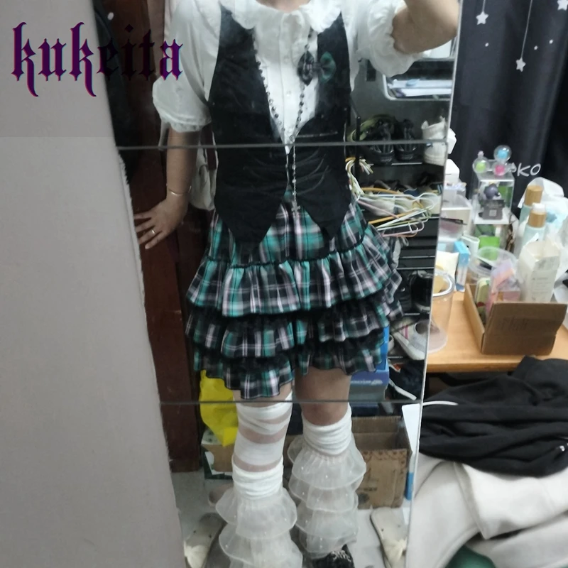 24 Color Harajuku Lovely Lace Plaid Skirts Japanese Girl Y2k Punk High Waist Pleated Cake Skirt Gothic Lolita Kawaii Women Skirt