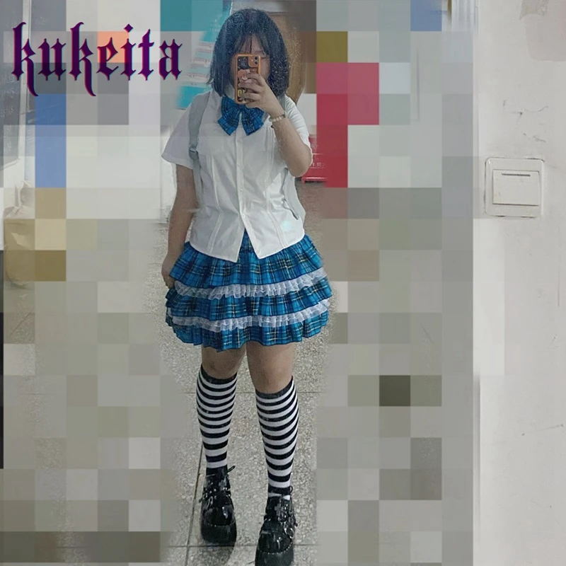 24 Color Harajuku Lovely Lace Plaid Skirts Japanese Girl Y2k Punk High Waist Pleated Cake Skirt Gothic Lolita Kawaii Women Skirt