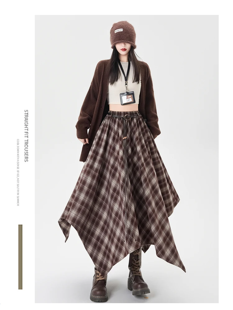 Plaid Skirt Women Elastic Waist A Line Retro High Street Korean Fashion Irregular Versatile Autumn Mid Length Skirt