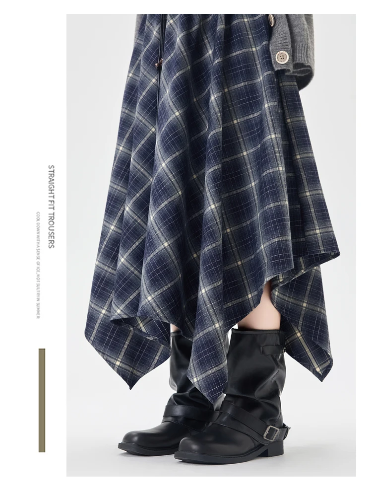 Plaid Skirt Women Elastic Waist A Line Retro High Street Korean Fashion Irregular Versatile Autumn Mid Length Skirt