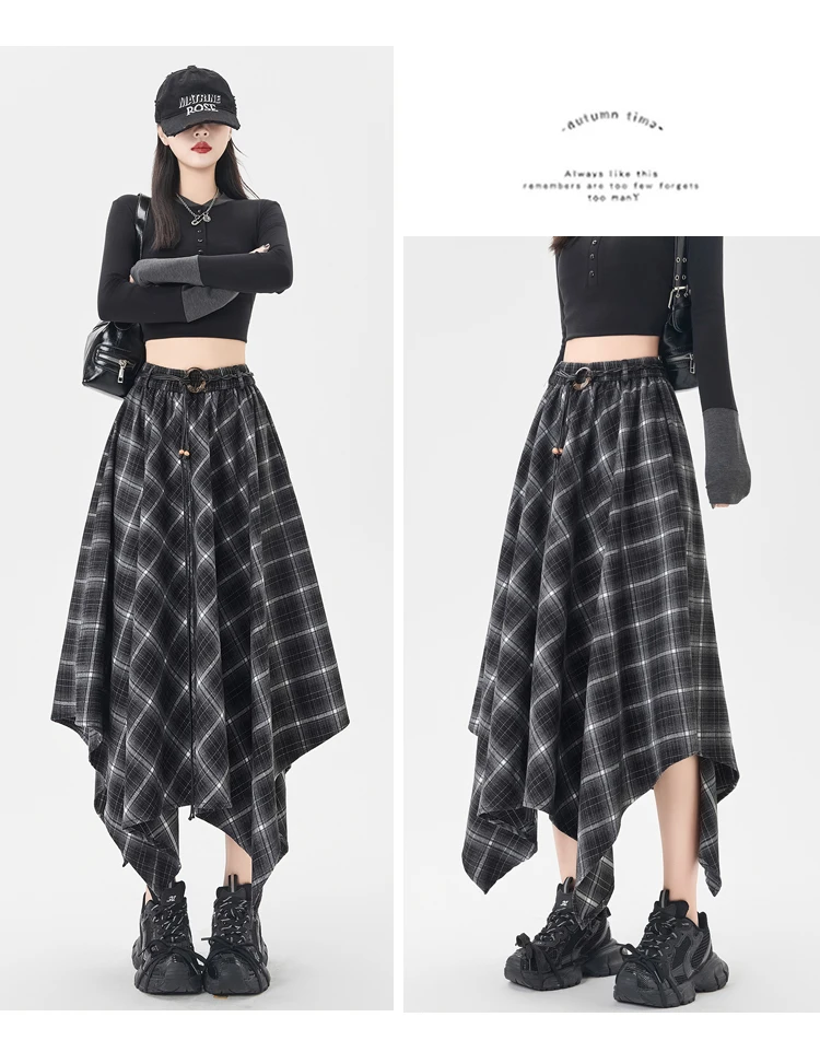 Plaid Skirt Women Elastic Waist A Line Retro High Street Korean Fashion Irregular Versatile Autumn Mid Length Skirt