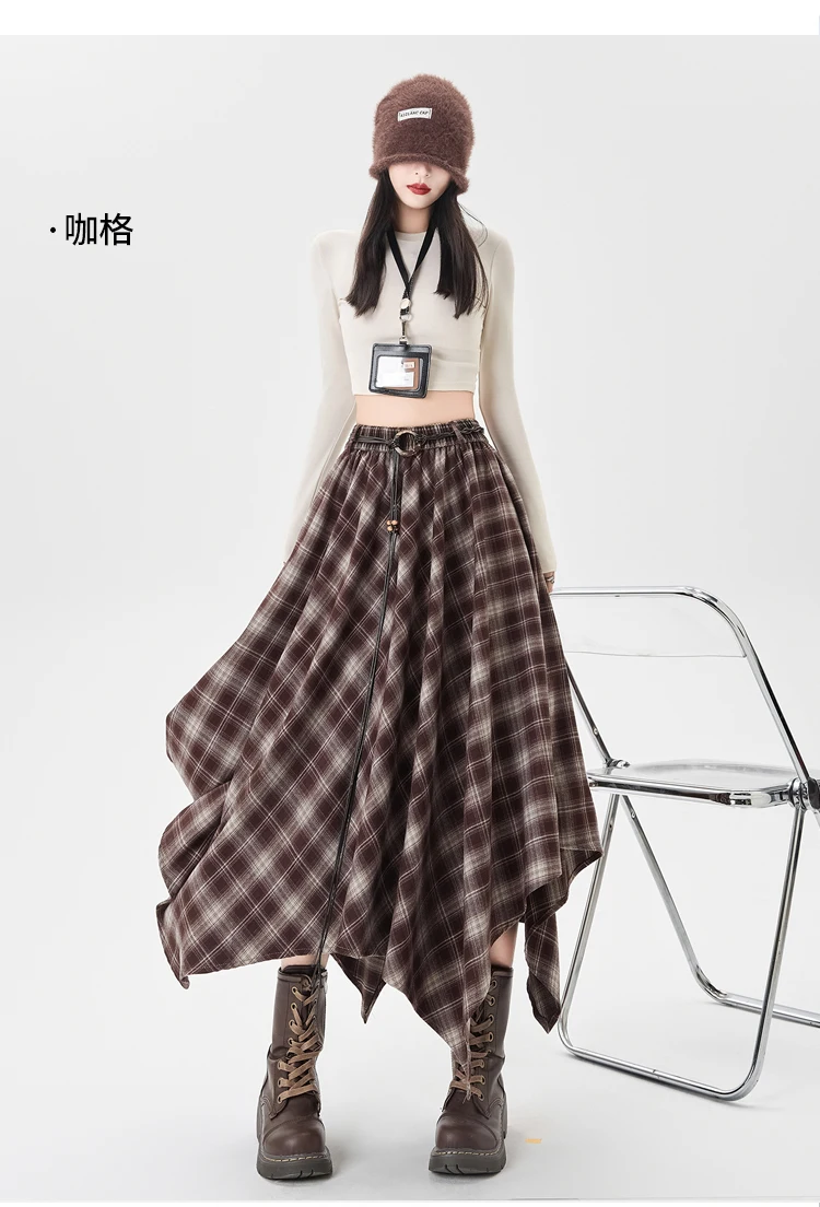 Plaid Skirt Women Elastic Waist A Line Retro High Street Korean Fashion Irregular Versatile Autumn Mid Length Skirt