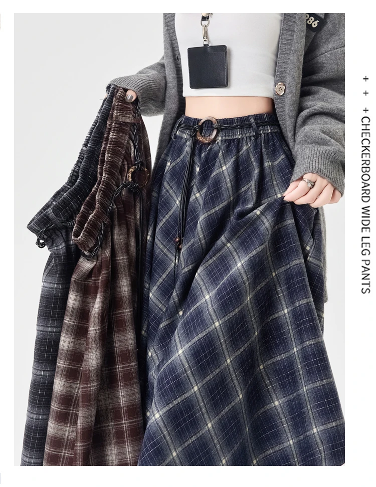 Plaid Skirt Women Elastic Waist A Line Retro High Street Korean Fashion Irregular Versatile Autumn Mid Length Skirt