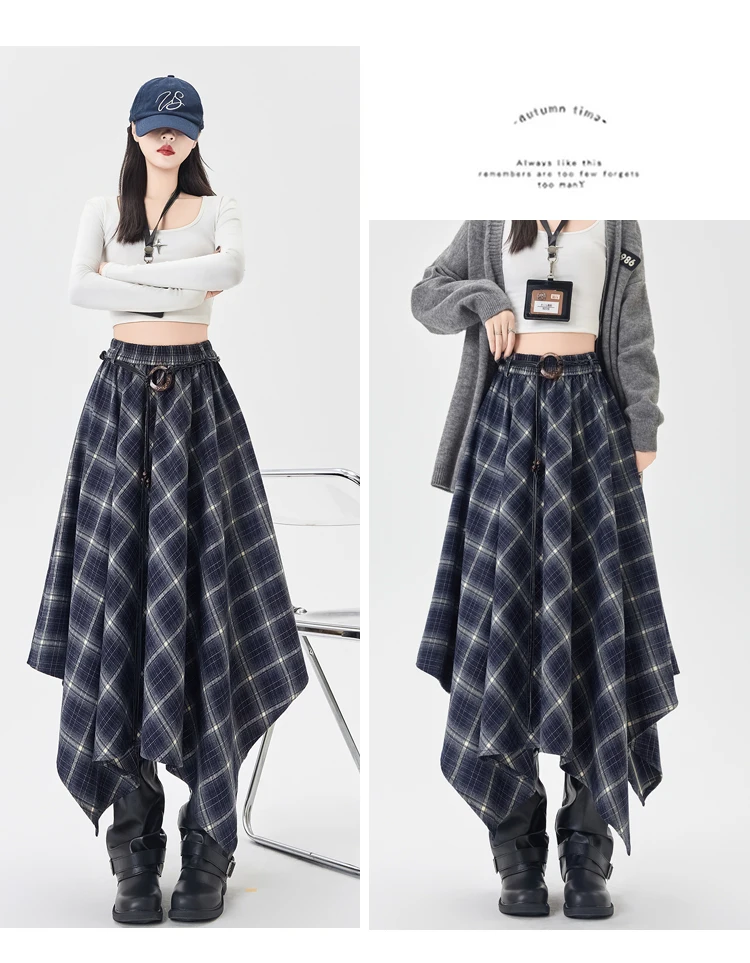 Plaid Skirt Women Elastic Waist A Line Retro High Street Korean Fashion Irregular Versatile Autumn Mid Length Skirt