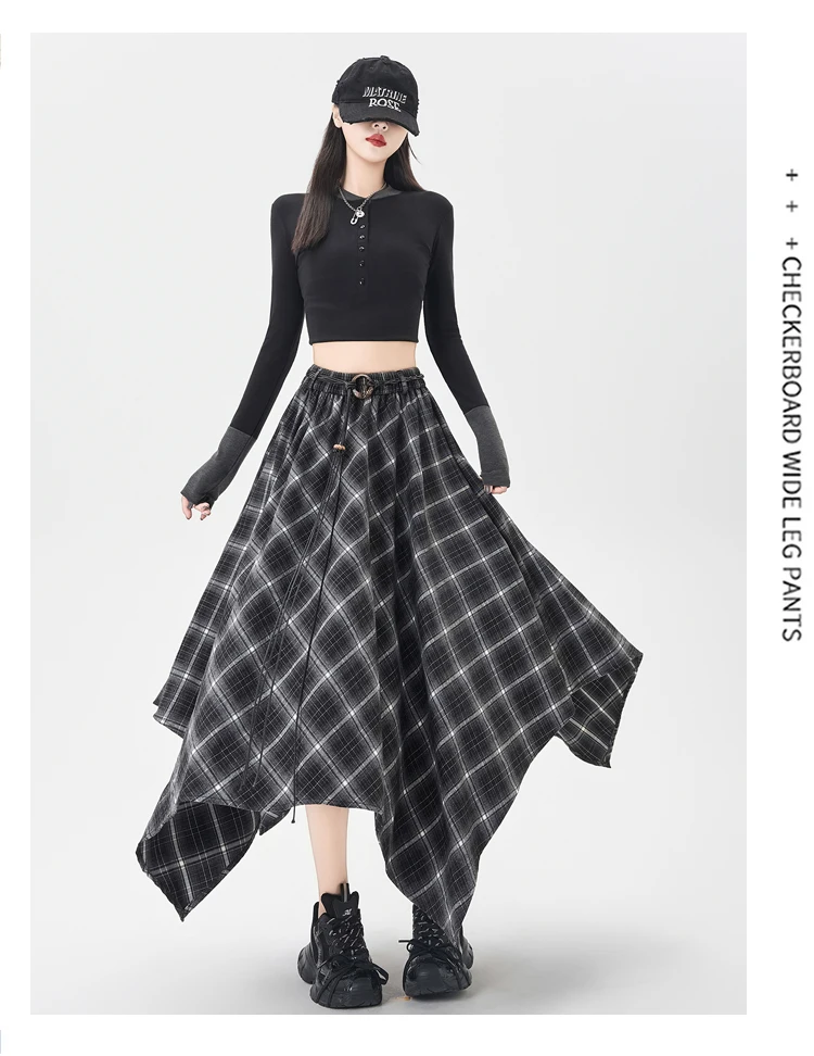 Plaid Skirt Women Elastic Waist A Line Retro High Street Korean Fashion Irregular Versatile Autumn Mid Length Skirt