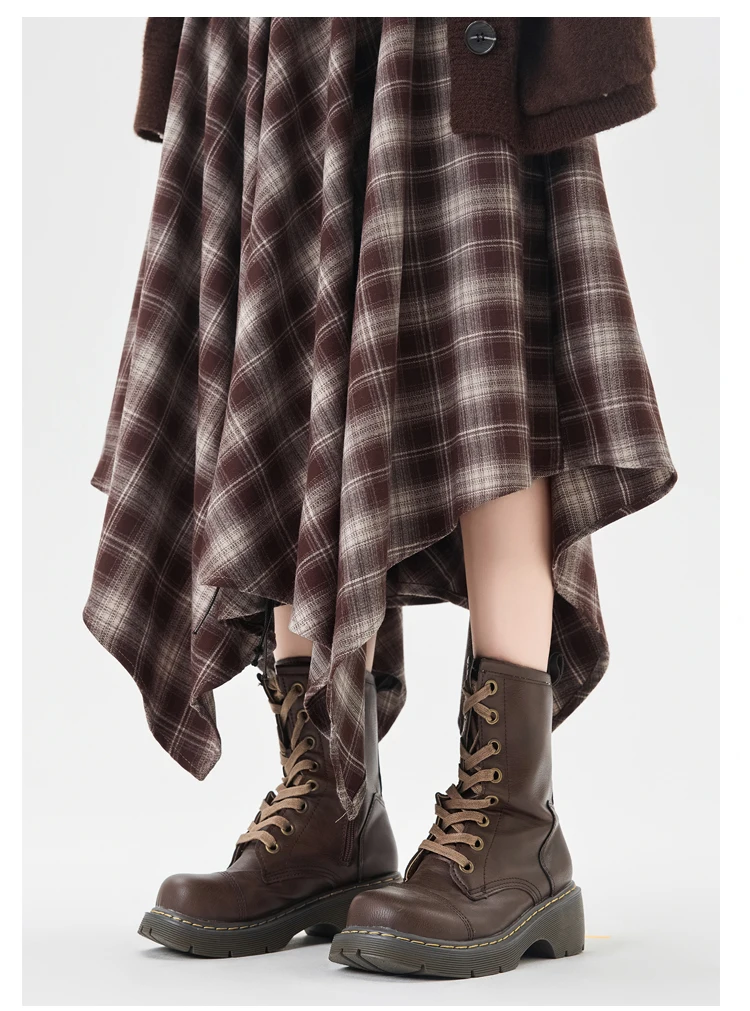 Plaid Skirt Women Elastic Waist A Line Retro High Street Korean Fashion Irregular Versatile Autumn Mid Length Skirt