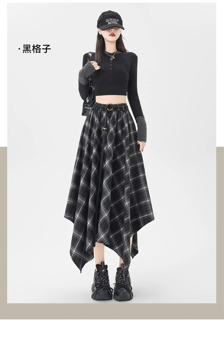 Plaid Skirt Women Elastic Waist A Line Retro High Street Korean Fashion Irregular Versatile Autumn Mid Length Skirt
