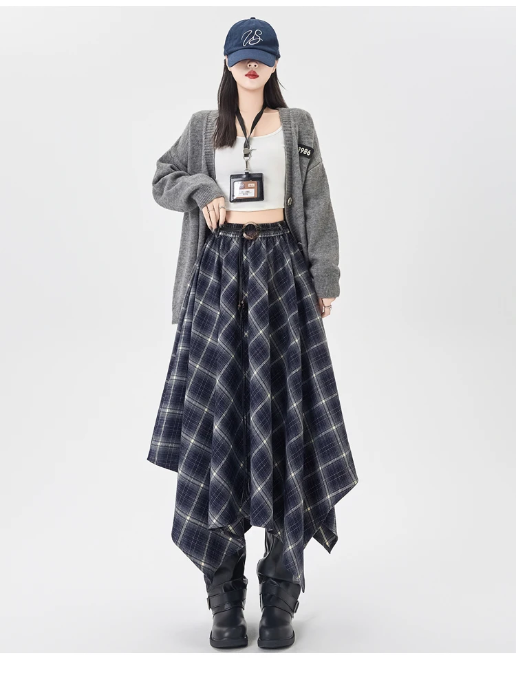 Plaid Skirt Women Elastic Waist A Line Retro High Street Korean Fashion Irregular Versatile Autumn Mid Length Skirt