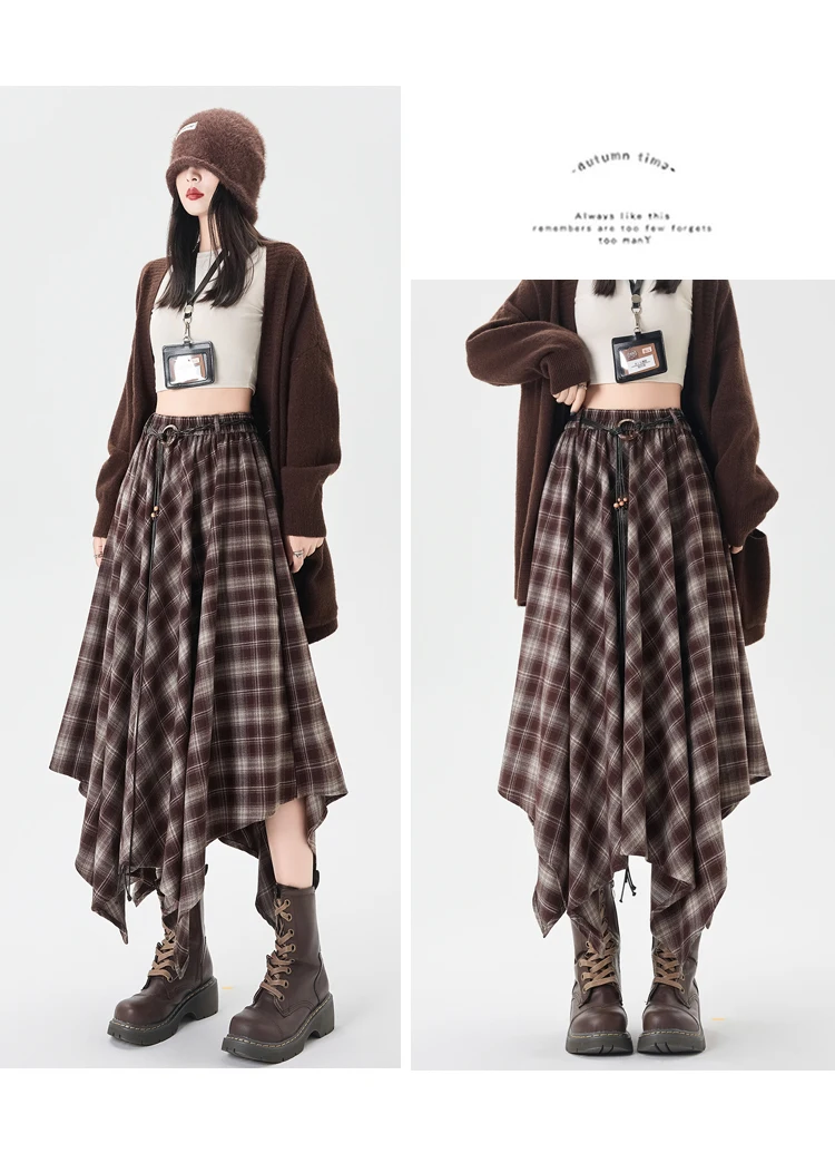 Plaid Skirt Women Elastic Waist A Line Retro High Street Korean Fashion Irregular Versatile Autumn Mid Length Skirt