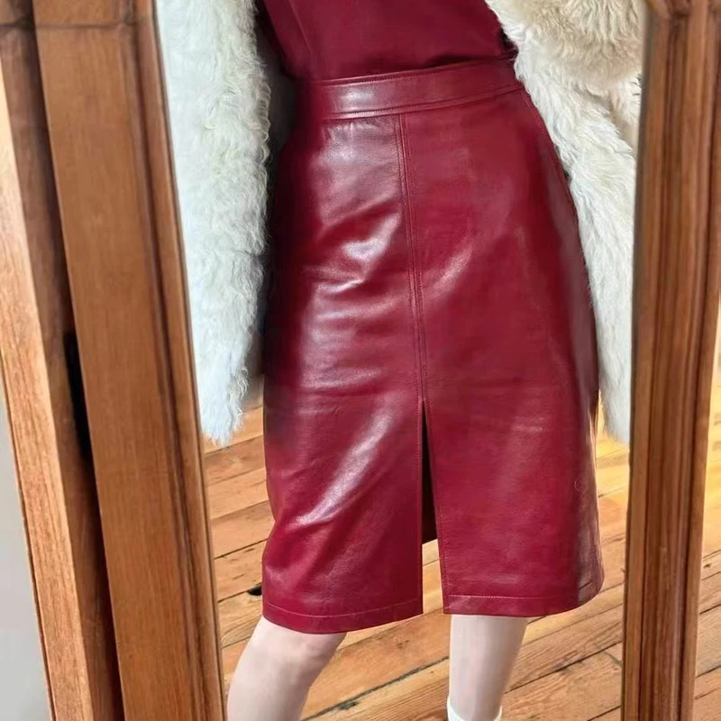 Oil Wax Slit Leather Skirt for Women High street Top Layer Sheepskin Front Split Wrap Jupe Femme Red Black Pencil Midi Skirt