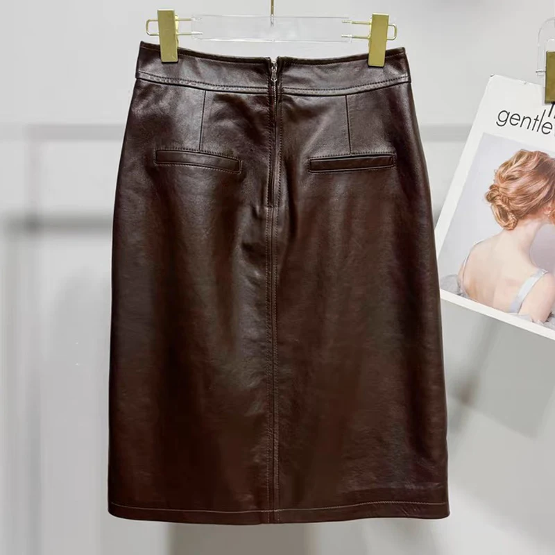 Oil Wax Slit Leather Skirt for Women High street Top Layer Sheepskin Front Split Wrap Jupe Femme Red Black Pencil Midi Skirt