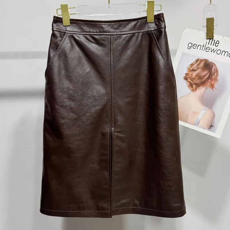 Oil Wax Slit Leather Skirt for Women High street Top Layer Sheepskin Front Split Wrap Jupe Femme Red Black Pencil Midi Skirt