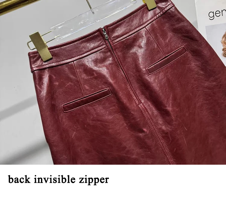Oil Wax Slit Leather Skirt for Women High street Top Layer Sheepskin Front Split Wrap Jupe Femme Red Black Pencil Midi Skirt