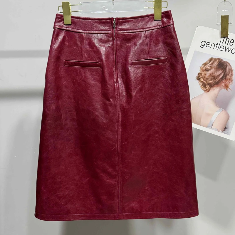 Oil Wax Slit Leather Skirt for Women High street Top Layer Sheepskin Front Split Wrap Jupe Femme Red Black Pencil Midi Skirt