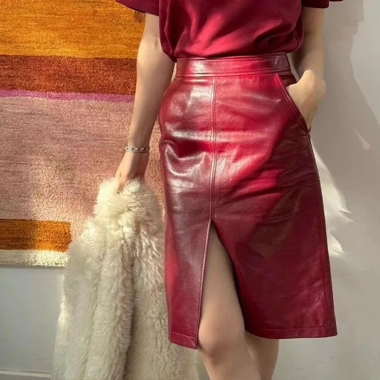 Oil Wax Slit Leather Skirt for Women High street Top Layer Sheepskin Front Split Wrap Jupe Femme Red Black Pencil Midi Skirt