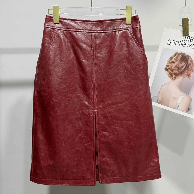 Oil Wax Slit Leather Skirt for Women High street Top Layer Sheepskin Front Split Wrap Jupe Femme Red Black Pencil Midi Skirt