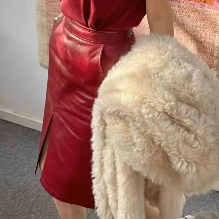 Oil Wax Slit Leather Skirt for Women High street Top Layer Sheepskin Front Split Wrap Jupe Femme Red Black Pencil Midi Skirt
