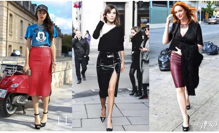 Oil Wax Slit Leather Skirt for Women High street Top Layer Sheepskin Front Split Wrap Jupe Femme Red Black Pencil Midi Skirt