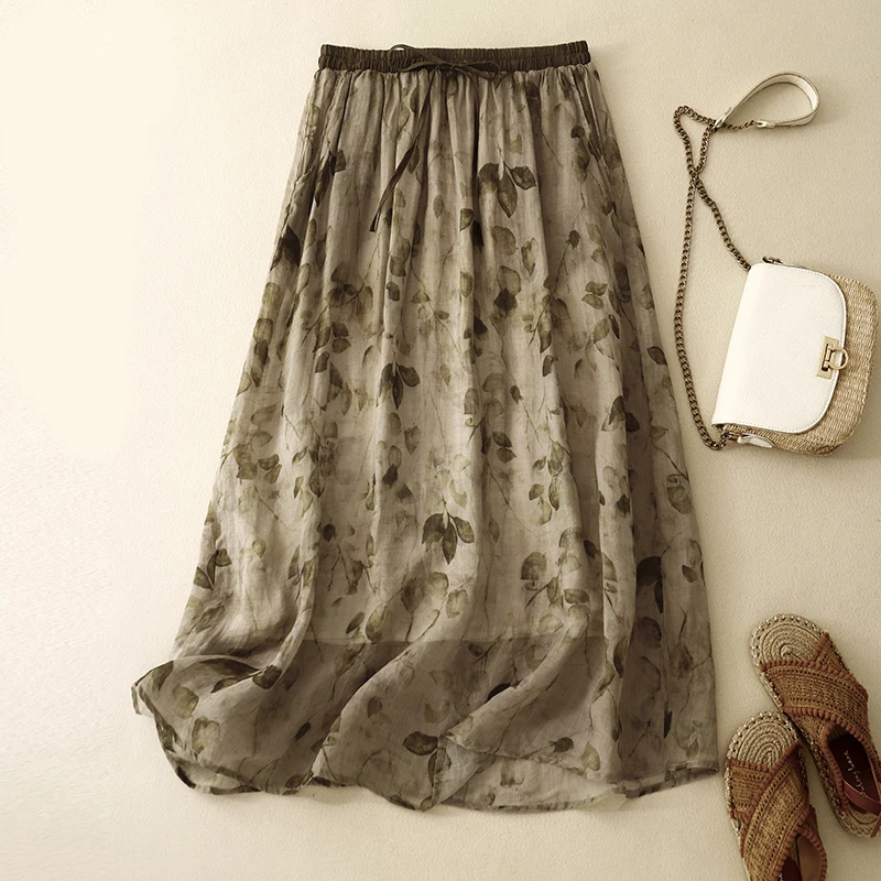 Cotton and Linen Double-layer Printed High Waist Skirt Women's Summer New Retro Artistic Loose Lace-up Casual Long Skirt