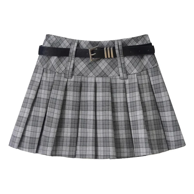 Vintage Plaid Women Pleated Skirts Y2K High Waist Preppy with Belt Mini Skirts Spring Korean All Match Ladies A Line Skirts New
