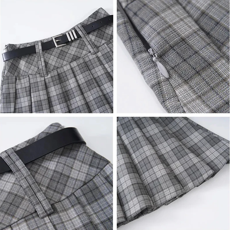 Vintage Plaid Women Pleated Skirts Y2K High Waist Preppy with Belt Mini Skirts Spring Korean All Match Ladies A Line Skirts New