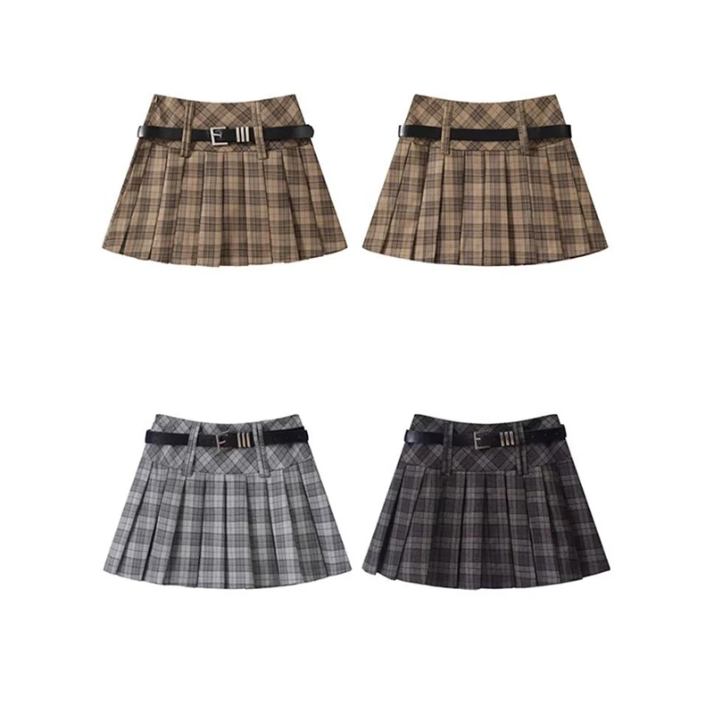 Vintage Plaid Women Pleated Skirts Y2K High Waist Preppy with Belt Mini Skirts Spring Korean All Match Ladies A Line Skirts New