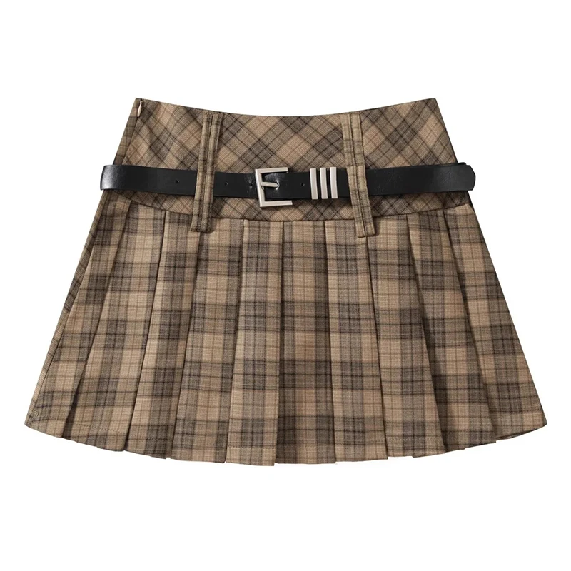 Vintage Plaid Women Pleated Skirts Y2K High Waist Preppy with Belt Mini Skirts Spring Korean All Match Ladies A Line Skirts New