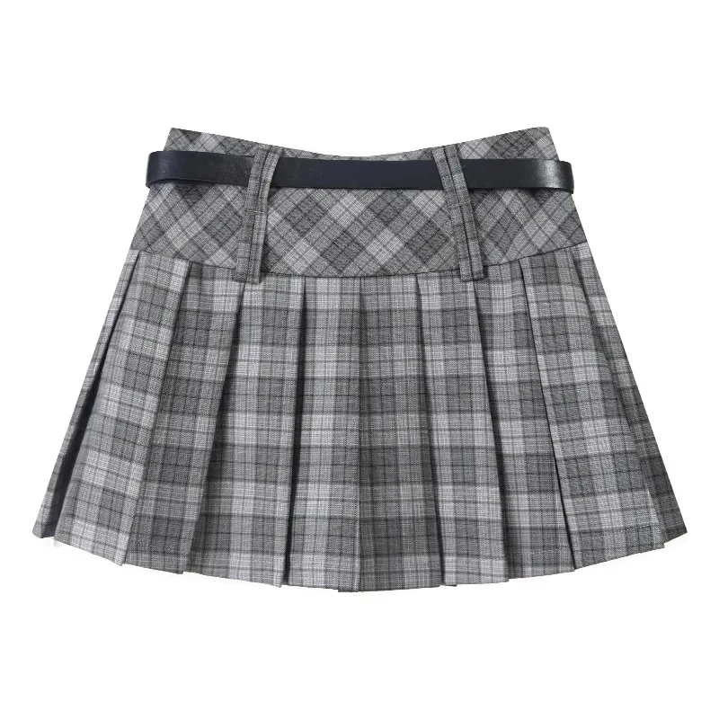 Vintage Plaid Women Pleated Skirts Y2K High Waist Preppy with Belt Mini Skirts Spring Korean All Match Ladies A Line Skirts New