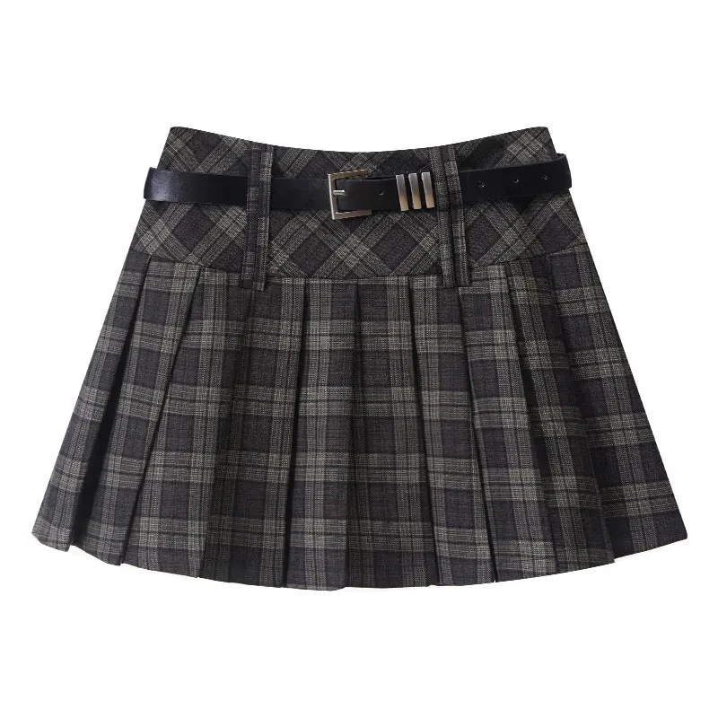 Vintage Plaid Women Pleated Skirts Y2K High Waist Preppy with Belt Mini Skirts Spring Korean All Match Ladies A Line Skirts New