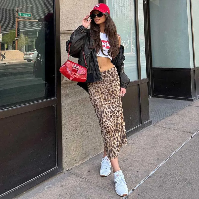 Sexy Elegant Leopard Printed Midi Skirt Women Fashion Dress Lady Clothes Summer Office Party Club Streetwear Wholesale